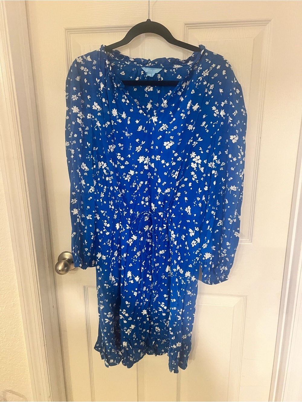 Draper James Blue Floral Long-Sleeve Adjustable Cinch Waist Dress